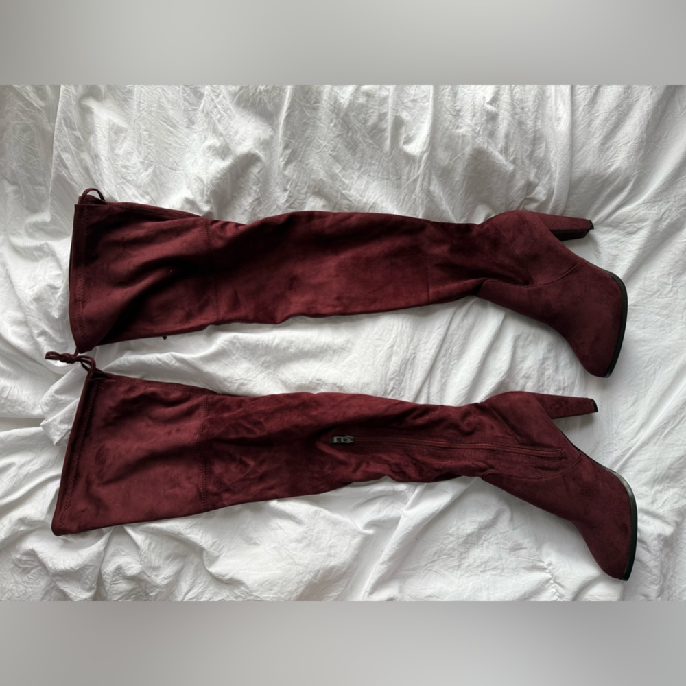 Red thigh high velvet boots